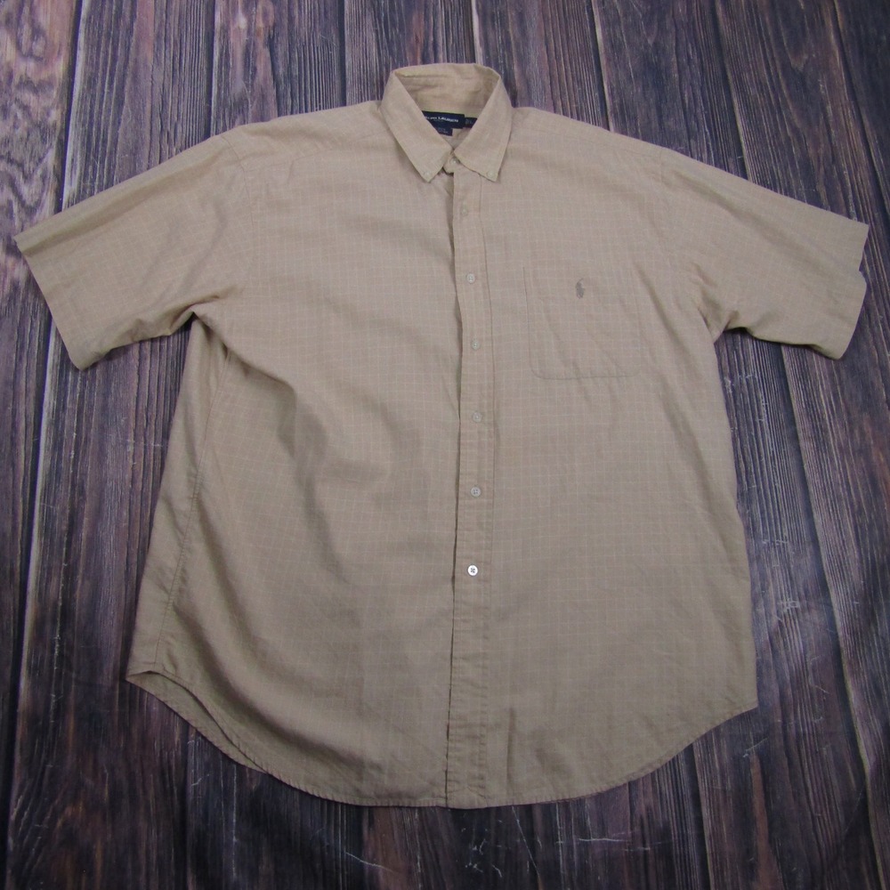 Ralph Lauren Golf Shirt Men Large Tan Windowpane Tilden 100% Cotton Short Sleeve